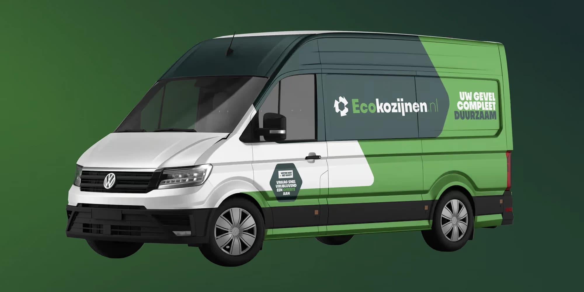 Ecokozijnen bedrijfsbus met groen-witte merkbekleding